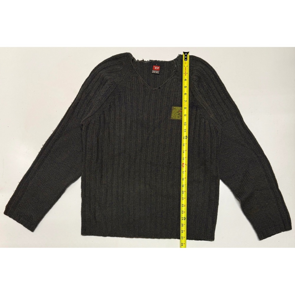 Vintage Diesel Wool Ribbed V-Neck Sweater Mens Large Grey Mental Assault Patch